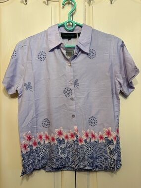 Women’s Tropical Hawaiian Button-Up Shirt – Floral & Geometric Print - Vintage